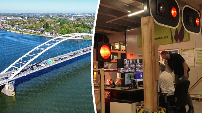 Met lampen, slagbomen en een miniatuurbrugklep wordt hier de nieuwe bediening van de Papendrechtsebrug al getest: De Brug, deel 9